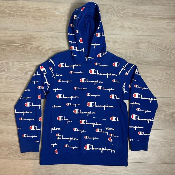 Champion Reverse Weave Sweatshirt Blue Hoodie All Over Print - Picture 1 of 8